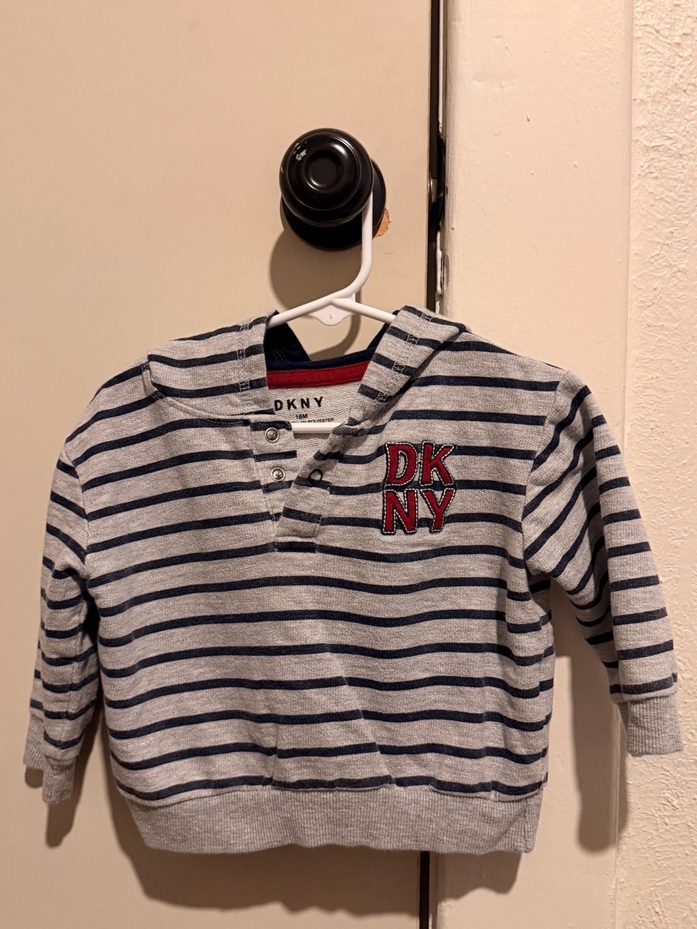 DKNY Gray and Navy Striped Hooded Pullover with Red Logo